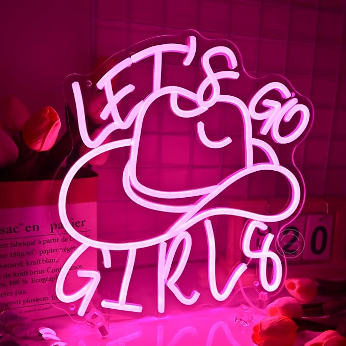Britrio Cowgirl Hat Let’s Go Girls Neon Sign Hot Pink Led Western Cowboy Neon by Britrio