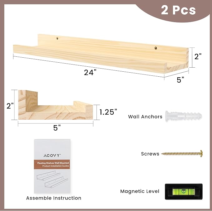 Floating Shelves for Wall, 24 inch Solid Wood Picture Ledge Shelf, Picture - Image 3
