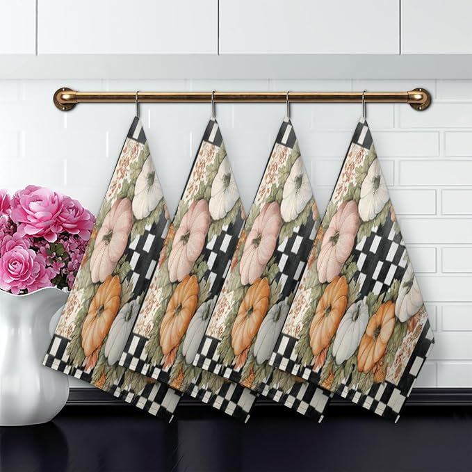 Colorful Pumpkin Kitchen Towels Set of 2 Fall Buffalo Plaid Dish Towels Bar - Image 5
