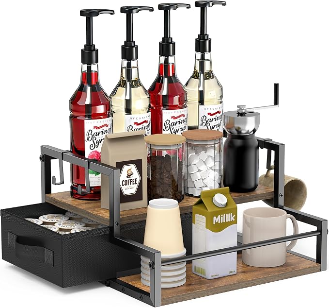 Coffee Syrup Organizer for Countertop, 2-Tier Coffee Bar Organizer by Zaldia