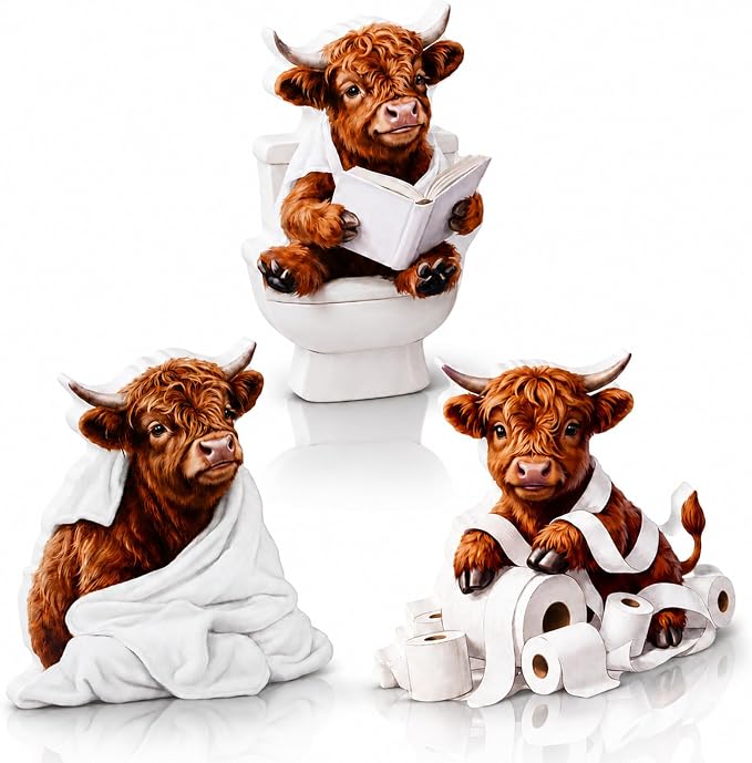 3 Pcs Funny Highland Cow Bathroom Decor Set, Highland Cow Decor Wooden Tabletop by VELANORIQUE
