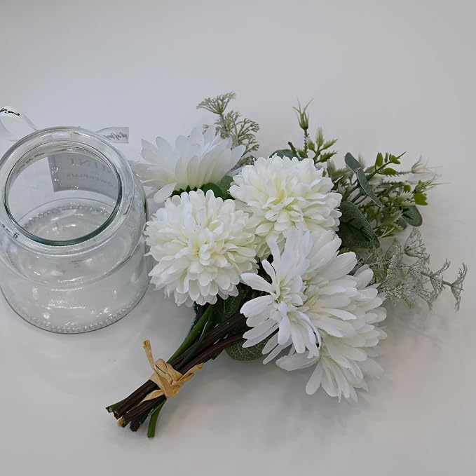 LADADA White Artificial Daisy Flower Set Glass Vase Table Centerpiece Home Decor - Image 4