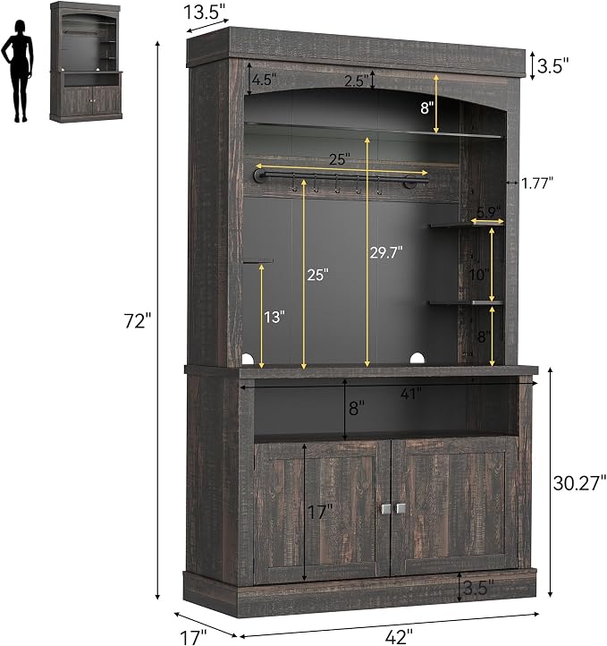 Takywep Tall Coffee Hutch with LED Lights Tall CoffeeBar Cabinet Farmhouse - Image 2