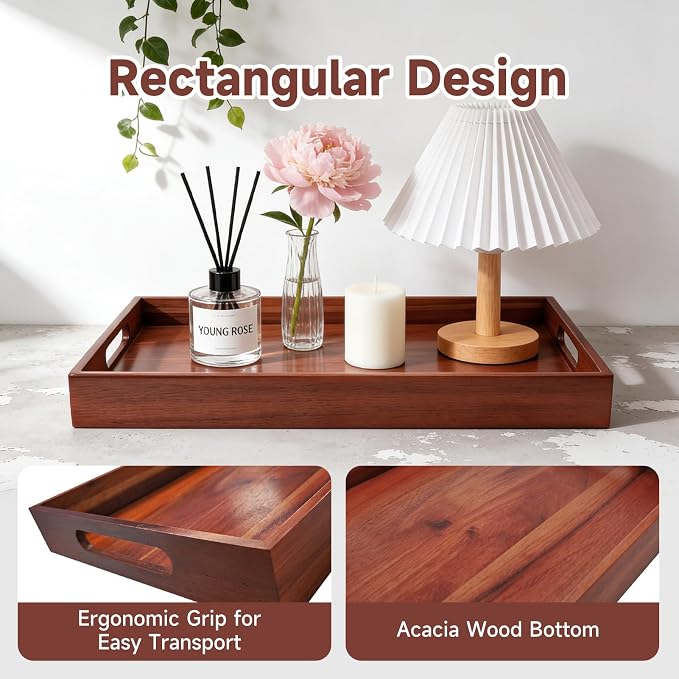 Acacia Wood Serving Tray with Handles, 17 x 12 Inch Large Wooden Tray - Image 4