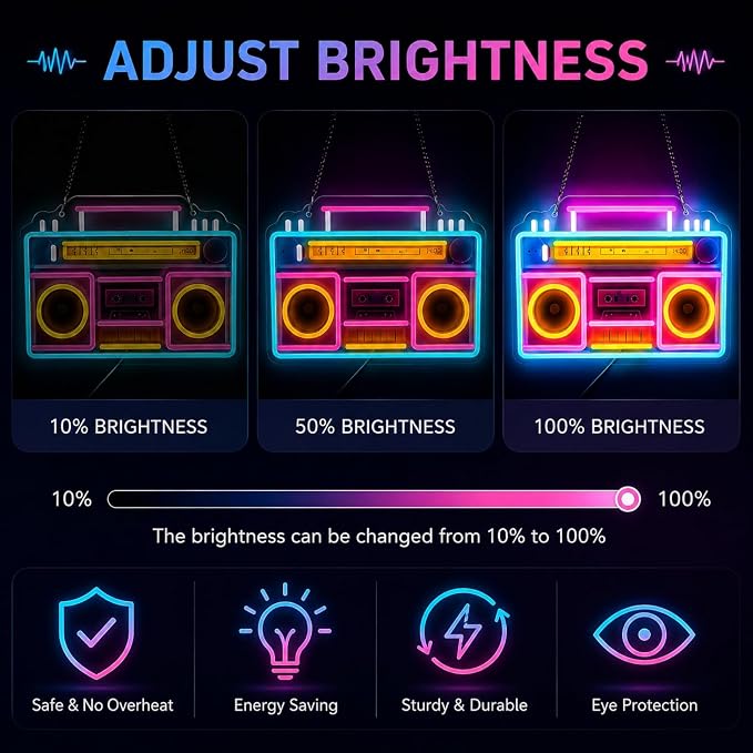 Retro Boombox Neon Sign, Colorful LED Cassette Player Wall Decor, USB Powered - Image 4