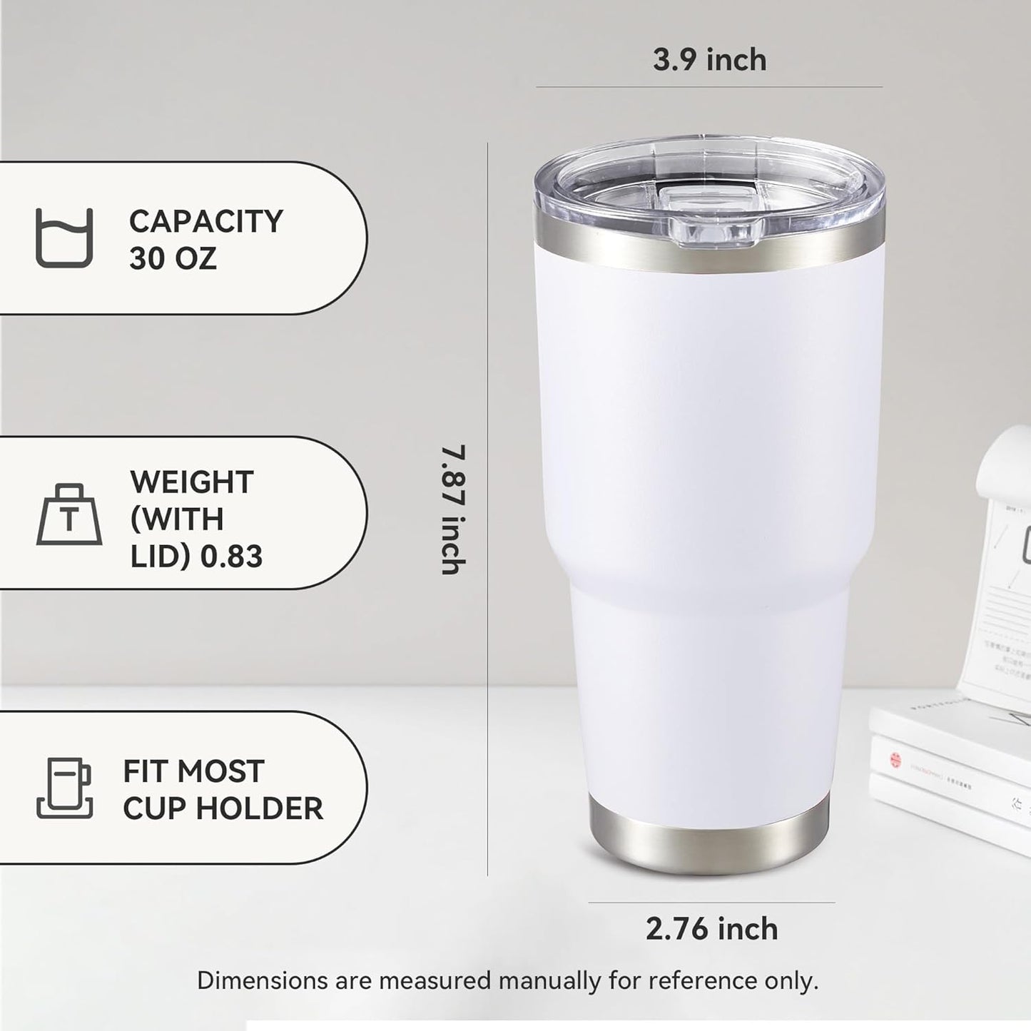 30 oz Tumbler with Lid Stainless Steel Tumblers Bulk Vacuum Insulated Cup Reusable Powder Coated Travel Mug Double Wall Leak Proof Cups Keep Cold Drinks for 12 Hours White, Set of 4