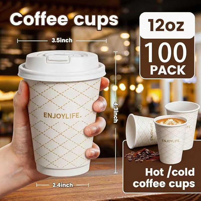 To Go Coffee Cups with Lids, 12 oz Disposable Paper Coffee Cups, 100 Pack - Image 7