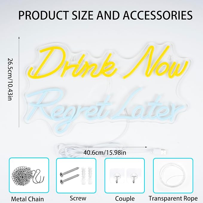 Beer Neon Sign for Man Cave Dimmable Drink Now Regret Later Sign Bar Led Sign - Image 3