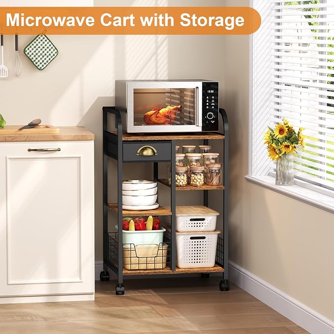 keomaisyto Microwave Cart with Storage, Kitchen Island Cart with Table Top & - Image 2