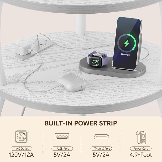 Round Side Table with Charging Station, USB Type C Port, Tall Side Table - Image 5