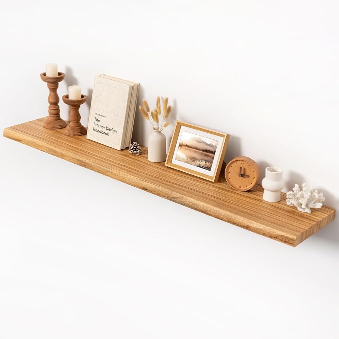 Live Edge Floating Shelf 55 Inch, 9.3" Deep Extra Thick 1.4" Solid Elm Wood by Unknown