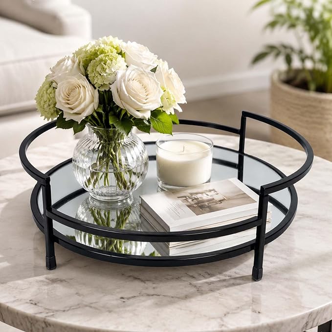 Round Black 12" Mirror Decor Tray, Metal Mirror Serving Tray, Glass Vanity & - Image 6