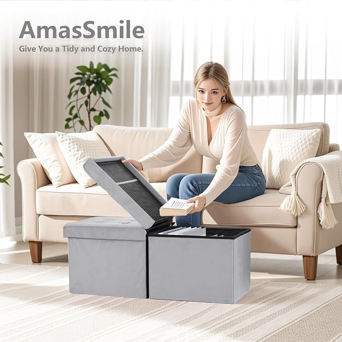 AmasSmile® Storage Ottoman Foot Rest Stool, 34 inch Velvet Footstool Bench - Image 4