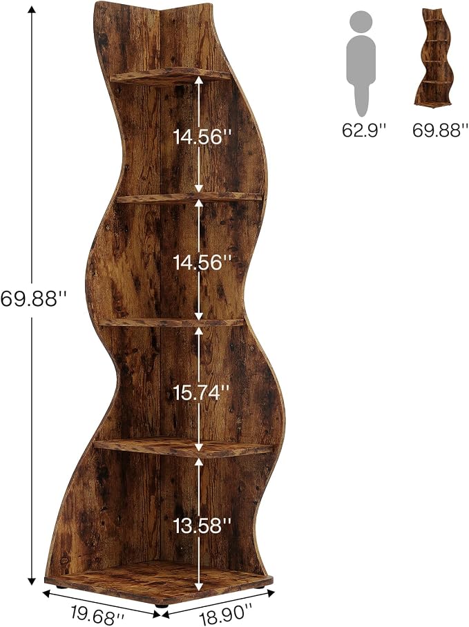 Tribesigns Corner Shelf, Rustic 5-Tier Wall Corner Bookshelf, Stylish Corner - Image 3