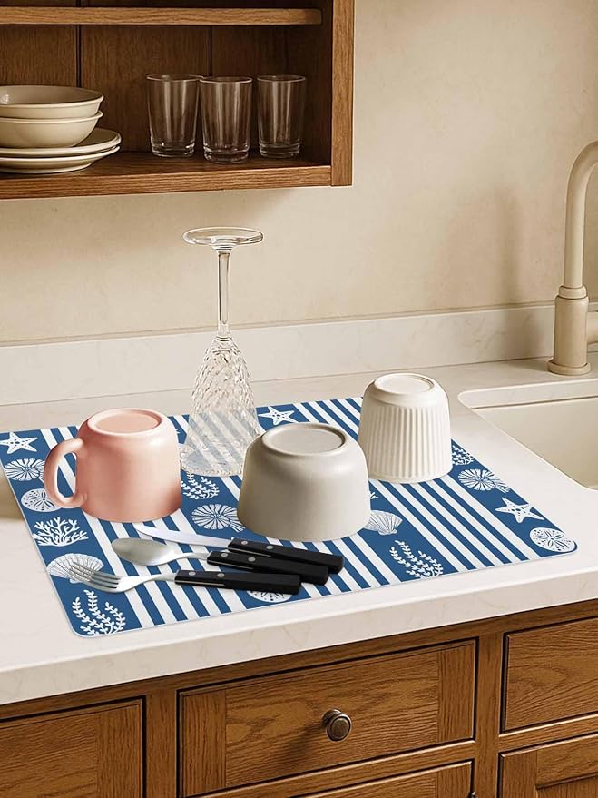 Striped Coffee Mat Ocean Navy Blue Starfish Shell Jellyfish Coral Absorbent Bar - Image 4
