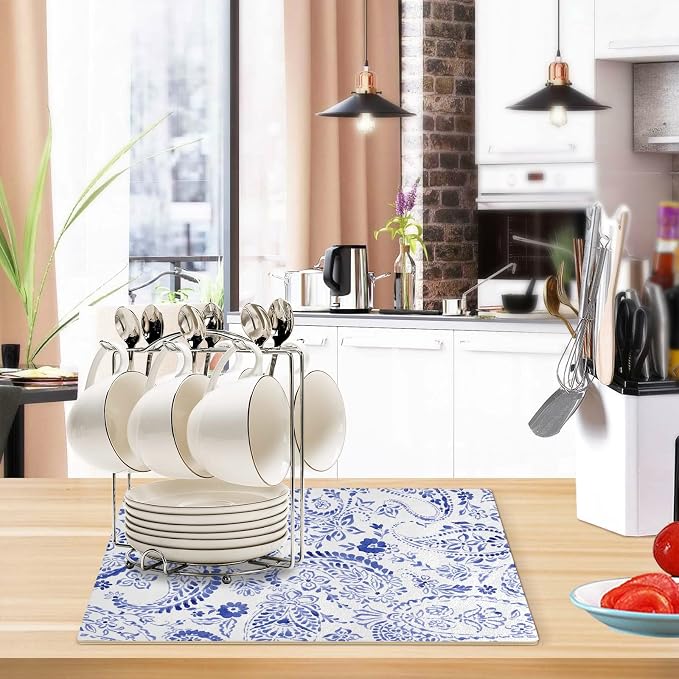 Blue White Flower Coffee Mat Station Bar Maker Machine Spill Mats Backed - Image 6