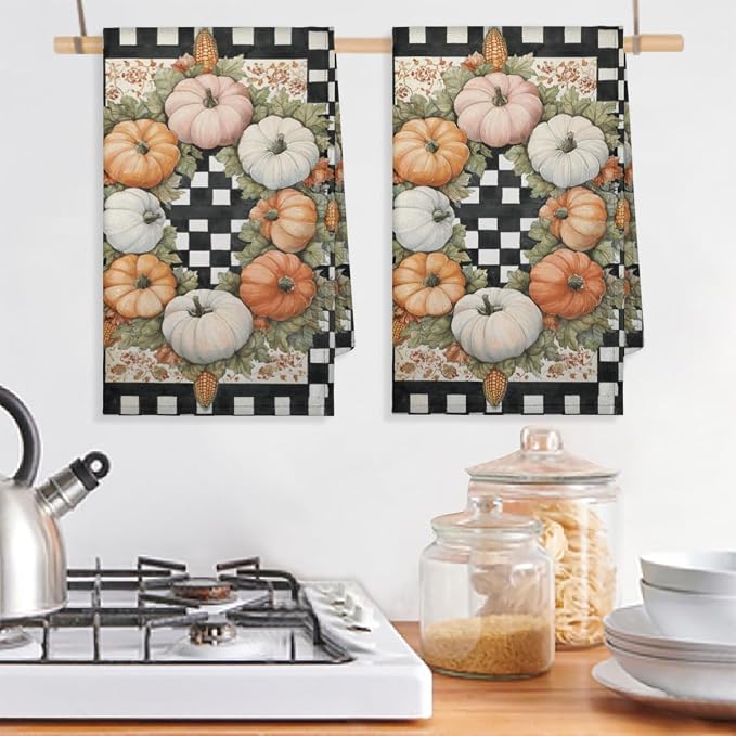 Colorful Pumpkin Kitchen Towels Set of 2 Fall Buffalo Plaid Dish Towels Bar by Unknown