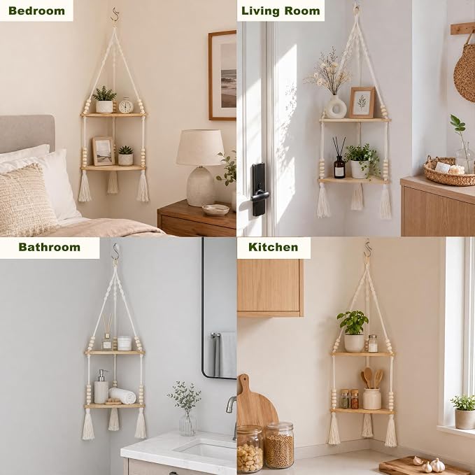 Artilady Macrame Wall Hanging Corner Shelf 2-Tier, Adjustable Boho Stable - Image 2