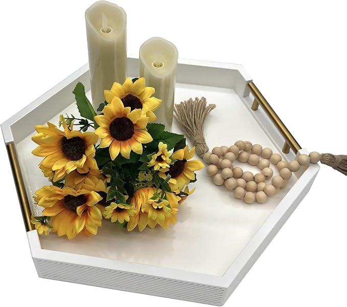 Serving Tray with Polished Metal Handles, Hexagon Coffee Table Tray, Modern - Image 4