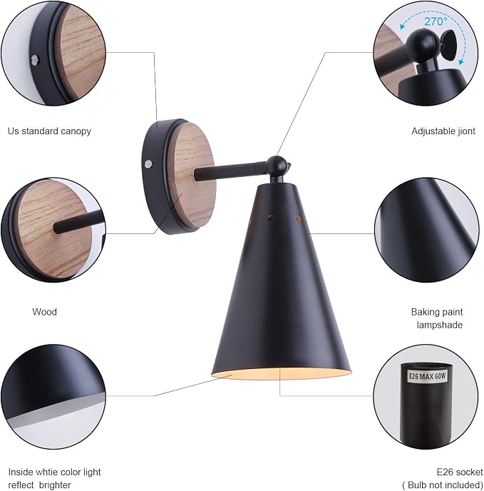 MWZ Rustic Farmhouse Black Metal and Wood Wall Sconce Adjustable Lamp，2 Pack - Image 5