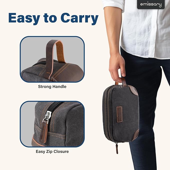 emissary Men's Canvas Travel Toiletry Bag, Leather Dopp Kit - Image 3