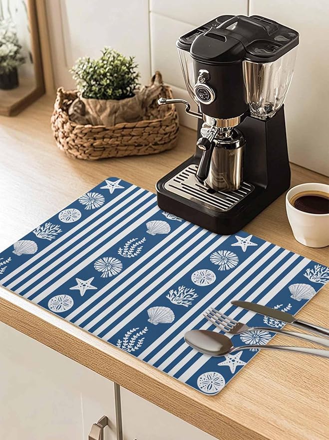 Striped Coffee Mat Ocean Navy Blue Starfish Shell Jellyfish Coral Absorbent Bar by Unknown