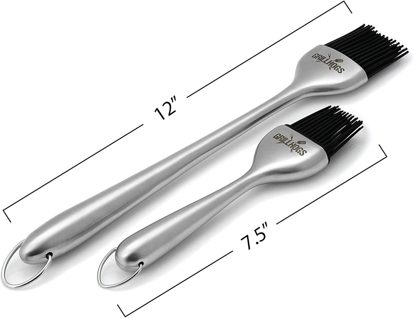 Kitchen Basting Brush, 18/0 Stainless Steel Set of 2 for Grilling & Cooking - 7.5 Inch Precision & 12 Inch Reach Grill Brushes with 480°F Heat Resistant Bristles - Silicone Brush, Pastry, BBQ Brush