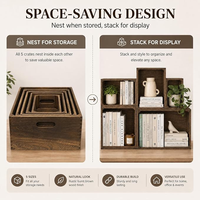 Wooden Crates for Display 5 Pack Large Rustic Nesting Wooden Basket - Image 4