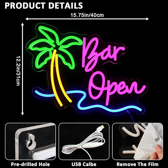 Bar Open Sign for Business, Neon Open Sign, USB Dimmable Palm Tree Neon Lights - Image 2