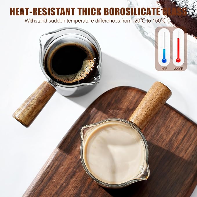 2 Pack Espresso Cups with Wood Handle, 75ML Double Spout Glass Measuring Cup - Image 4