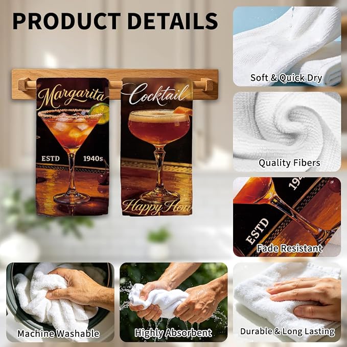 MAYJOYDIY 4 Pcs Cocktail Glass Kitchen Towels 26x17.7Inch Bar Martini Hand Dish - Image 4