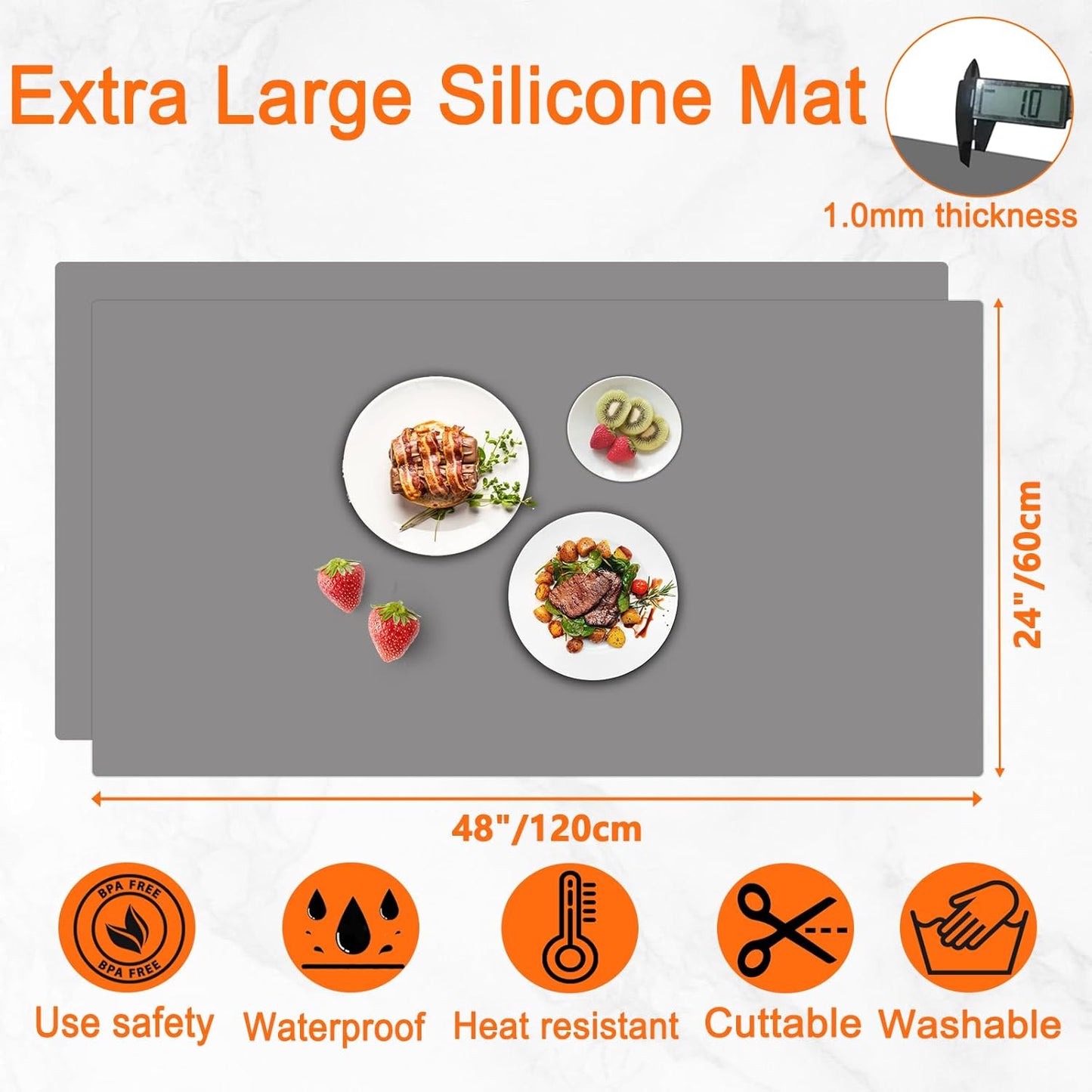 2Pack Large Silicone Mats for Kitchen Counter, 48''x24''(120cmx60cm) Heat Resistant Mat for Kitchen Island, Waterproof Multipurpose Countertop Protector, Light Gray