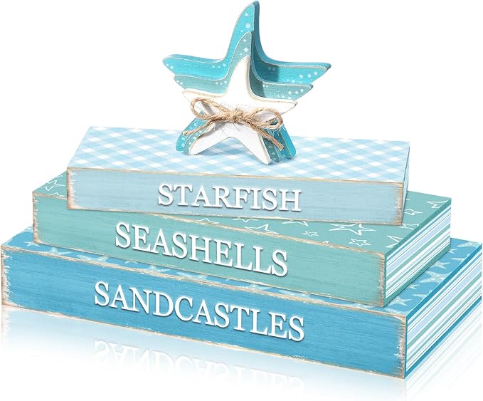 Amyhill 4 Pcs Beach Table Decor, Wooden Coastal Decorative Books by Amyhill