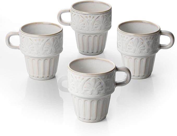 Mugs Set of 4, Ceramic Coffee Mug 12 OZ Beige, Stackable Mug, Microwave & by LYEOBOH