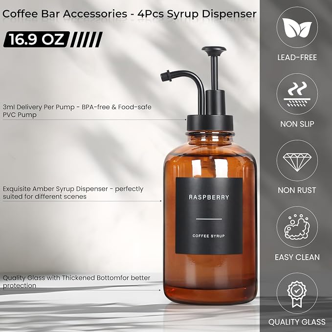 Coffee Syrup Dispenser, 16.9 oz 500ml Glass Syrup Bottle - Image 4