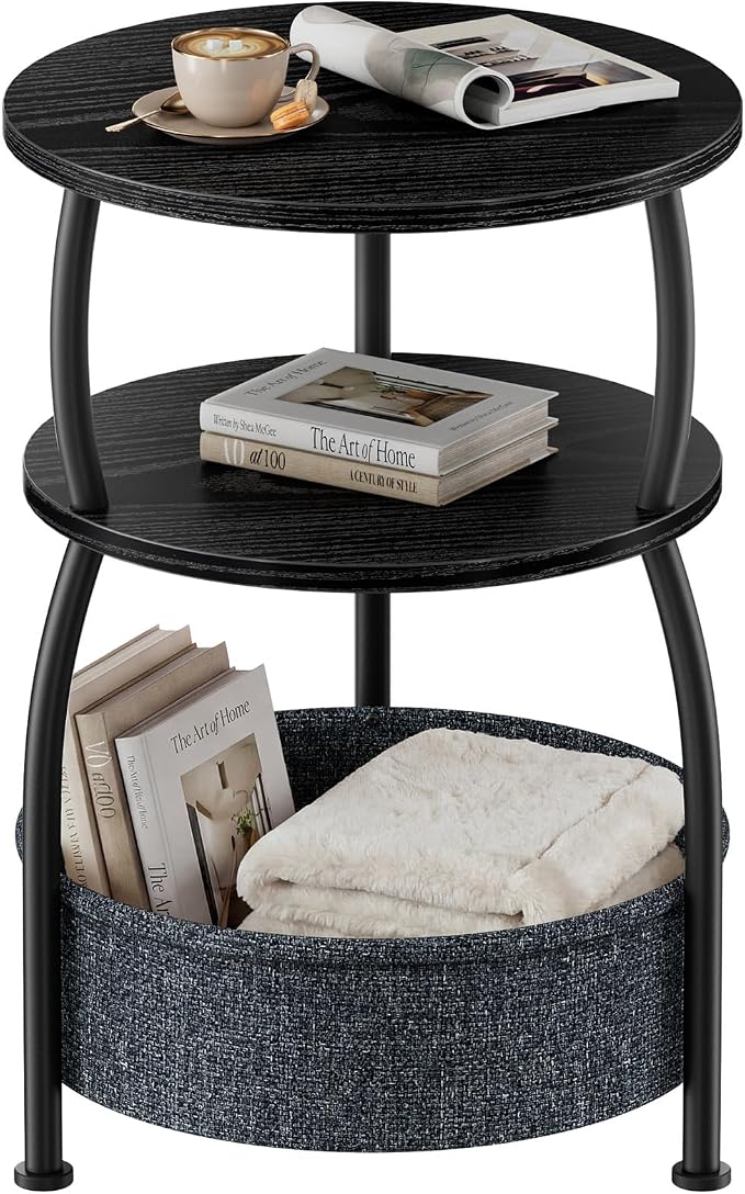 Round Side Table with Storage Basket, End Table Living Room, Bedside Table by designyourhome