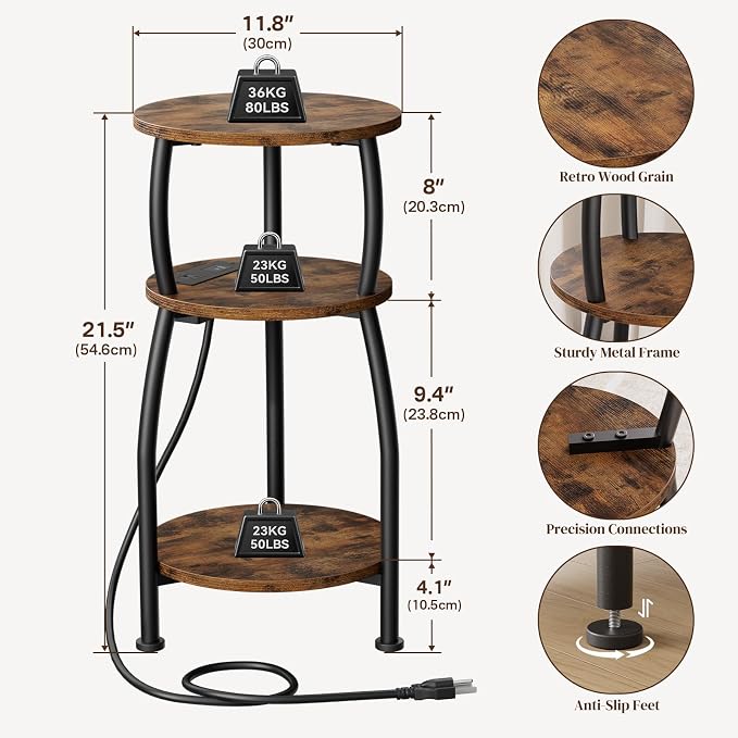 Round Side Table with Power Outlet & USB Ports, 3-Tier End Table with Storage - Image 3