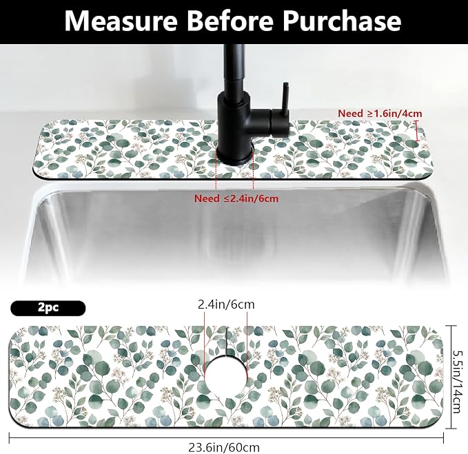 2 Pcs Kitchen Sink Splash Guard Faucet Mat Green Leaves Pattern Faucet Mat - Image 2