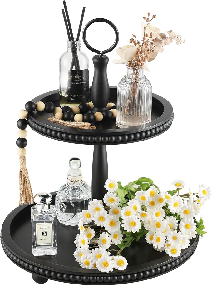 Beaded Tiered Tray Stand, Rustic Wooden 2 Tier Decorative Tray by SYNCVIBE