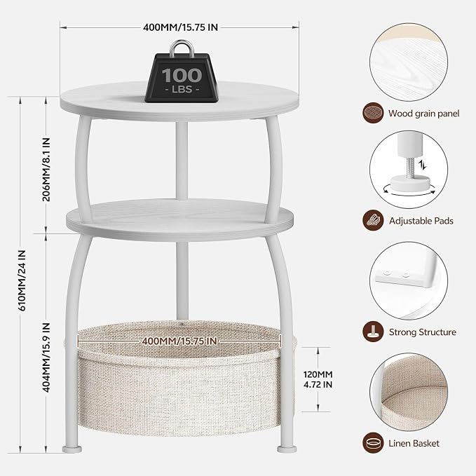 Round Side Table with Storage Basket, End Table Living Room, 15.7in | Side - Image 7