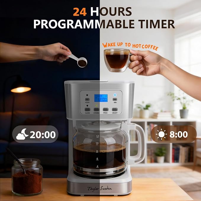 Taylor Swoden 12-Cup Programmable Coffee Maker, Regular & Strong Brew Drip - Image 3