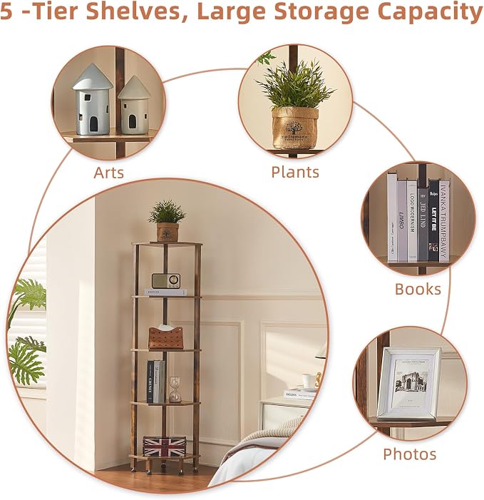 YUFAM 5-Tier Corner Shelf with Sturdy 5-Leg Base, Wooden Corner Bookshelf - Image 8