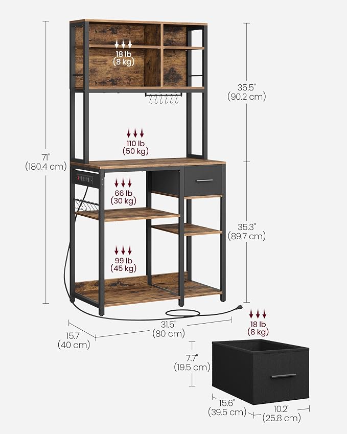 VASAGLE Bakers Rack with Charging Station, Coffee Bar, 15.7 x 31.5 x 71 Inches - Image 2