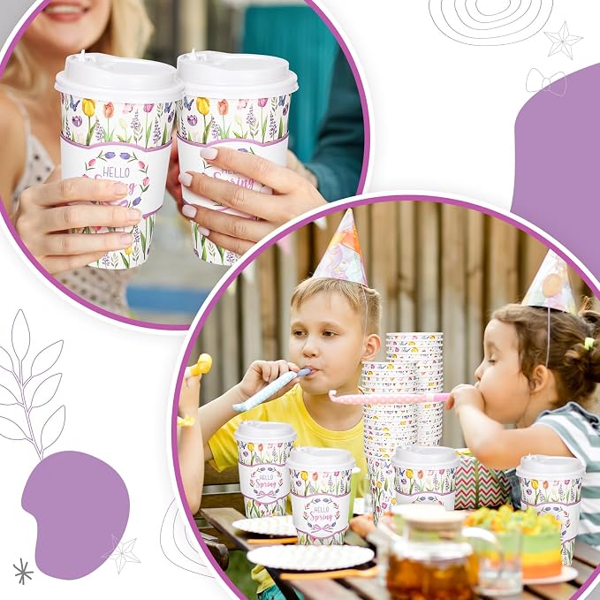 Whaline 50 Pcs Spring Tulip Floral Disposable Coffee Cups - Image 7