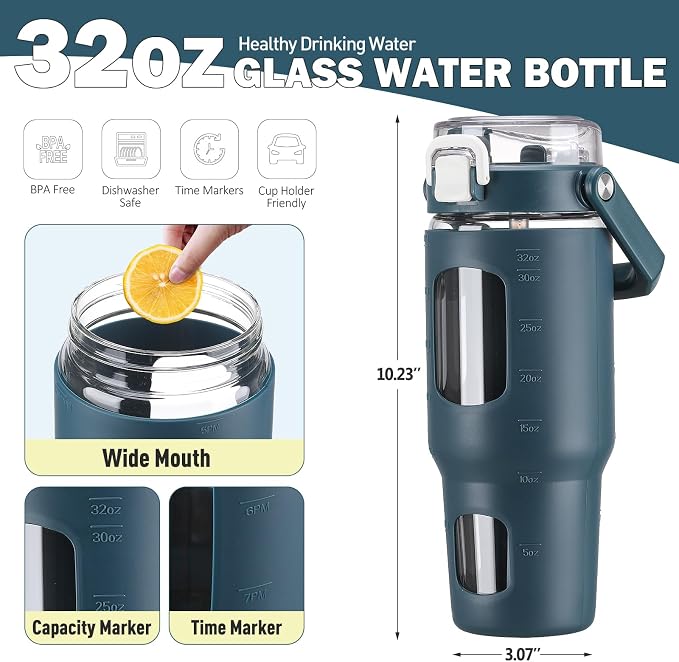 BLUEGO 32oz Glass Tumbler with Lid and Handle, Iced Coffee Cup with Straws - Image 4
