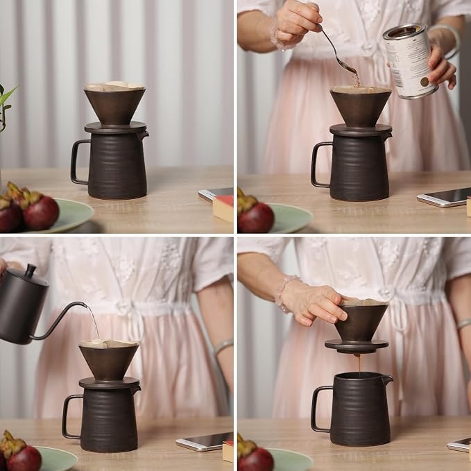 Stoneware Handmade Pour Over Coffee Maker Set, Ceramic Coffee Brewer Hand Drip - Image 9