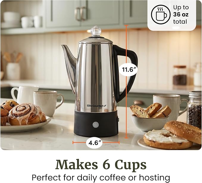 Elite Gourmet 6-Cup Electric Coffee Percolator – Stainless Steel, Fast Brewing - Image 8