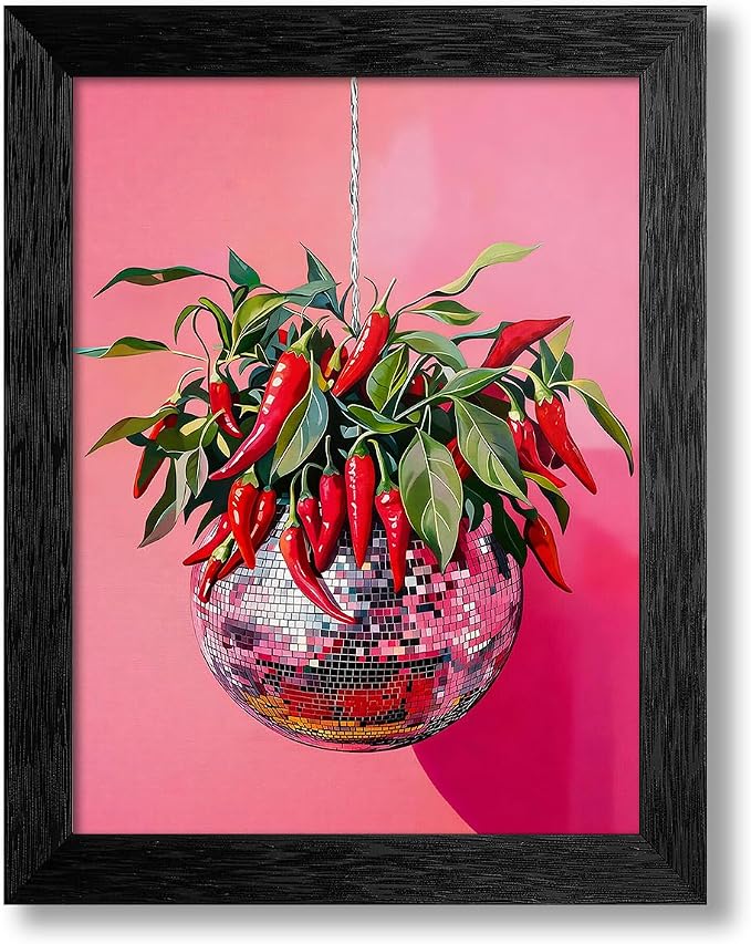 Black Framed Disco Ball With Red Chili Pepper Wall Art 08x10 inch Funky by Unknown