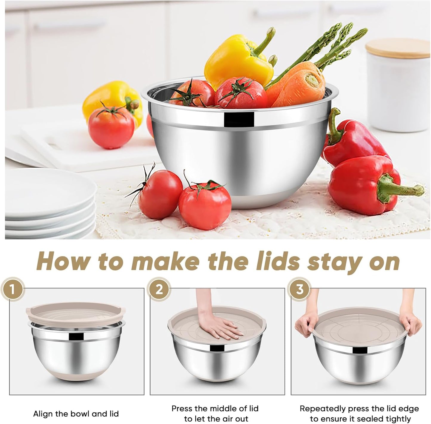TeamFar Khaki Mixing Bowls, Stainless Steel Metal Nesting Salad Bowls with Airtight Lids Set of 5, Healthy & Heavy Duty, Non-slip Bottom & Airtight Lid, 7/3.5/2.5/1.5/1 QT