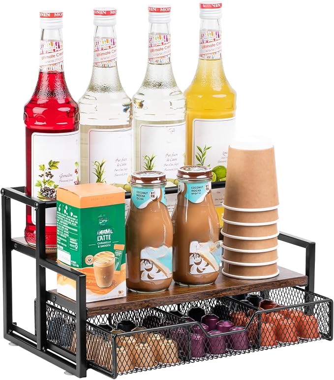 Coffee Syrup Organizer for Coffee Bar, 3-Tier Metal Station by Wetheny